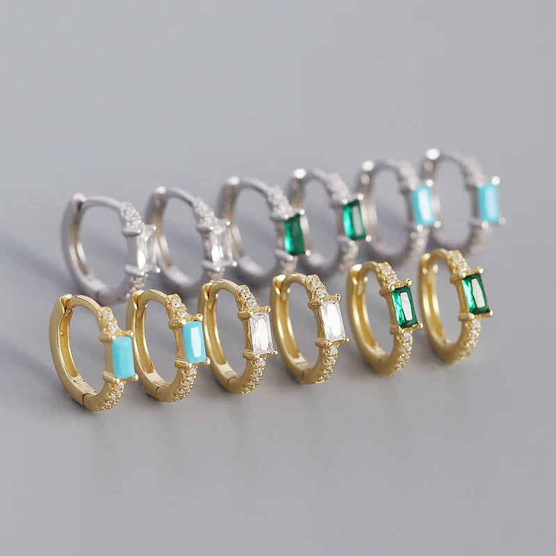 NEW 925 Sterling Silver Simple Rectangle CZ Diamond Round Hoop Earring with 18k Gold Plated for Women