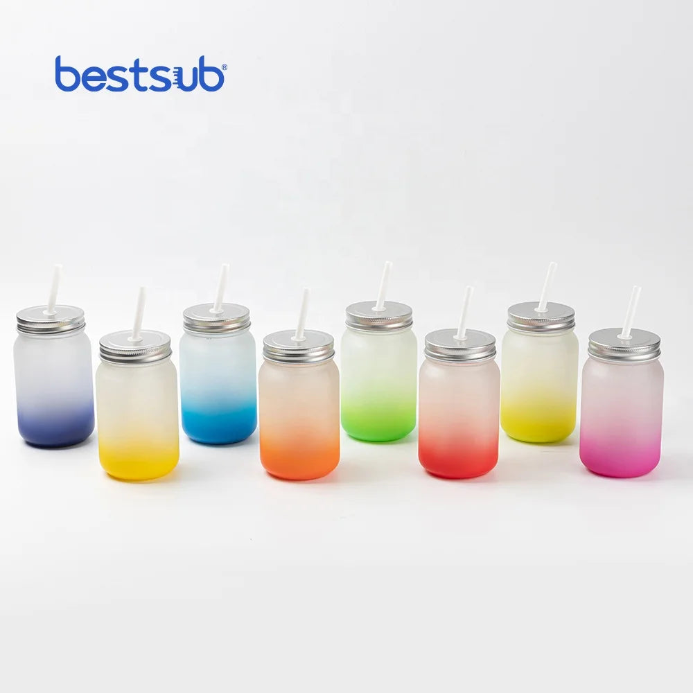 BestSub Wholesale 15oz Heat Transfer Glass Cup With Lid Straw Gradient Frosted Glass Water Bottles Sublimation  Blanks Mason Jar