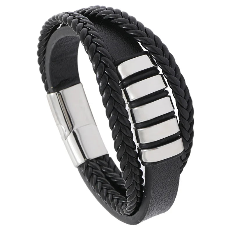 Wholesale Men's Cool Stainless Steel Leather Bracelet Personalized Fashion Bangles with Magnetic Clasp for Men