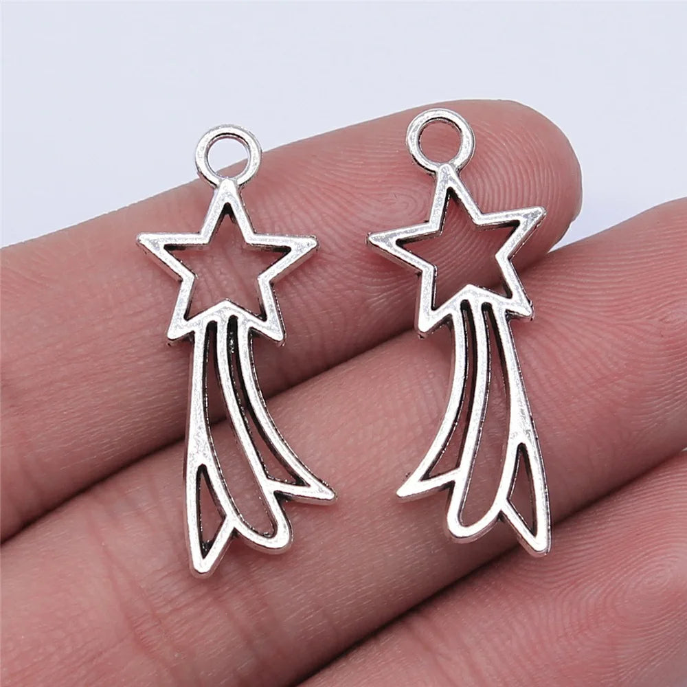 Shooting Star Comet Charm 30x12mm Hollow Openwork Antique Silver Zinc Alloy for Nativity Ornament Crafts MegaBDM