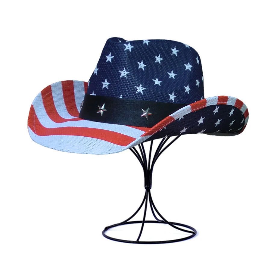 Men Paper Straw Cowboy Hat USA American Flag Painting Shapable Brim Sombreros Texas Western Cowboy Straw Hat Men