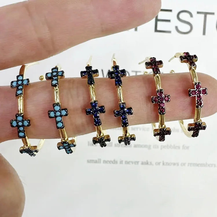 EC1638 Popular Chic Dainty 18k Gold Plated Zircon CZ Micro Pave Hoops with Cross Charm Earring