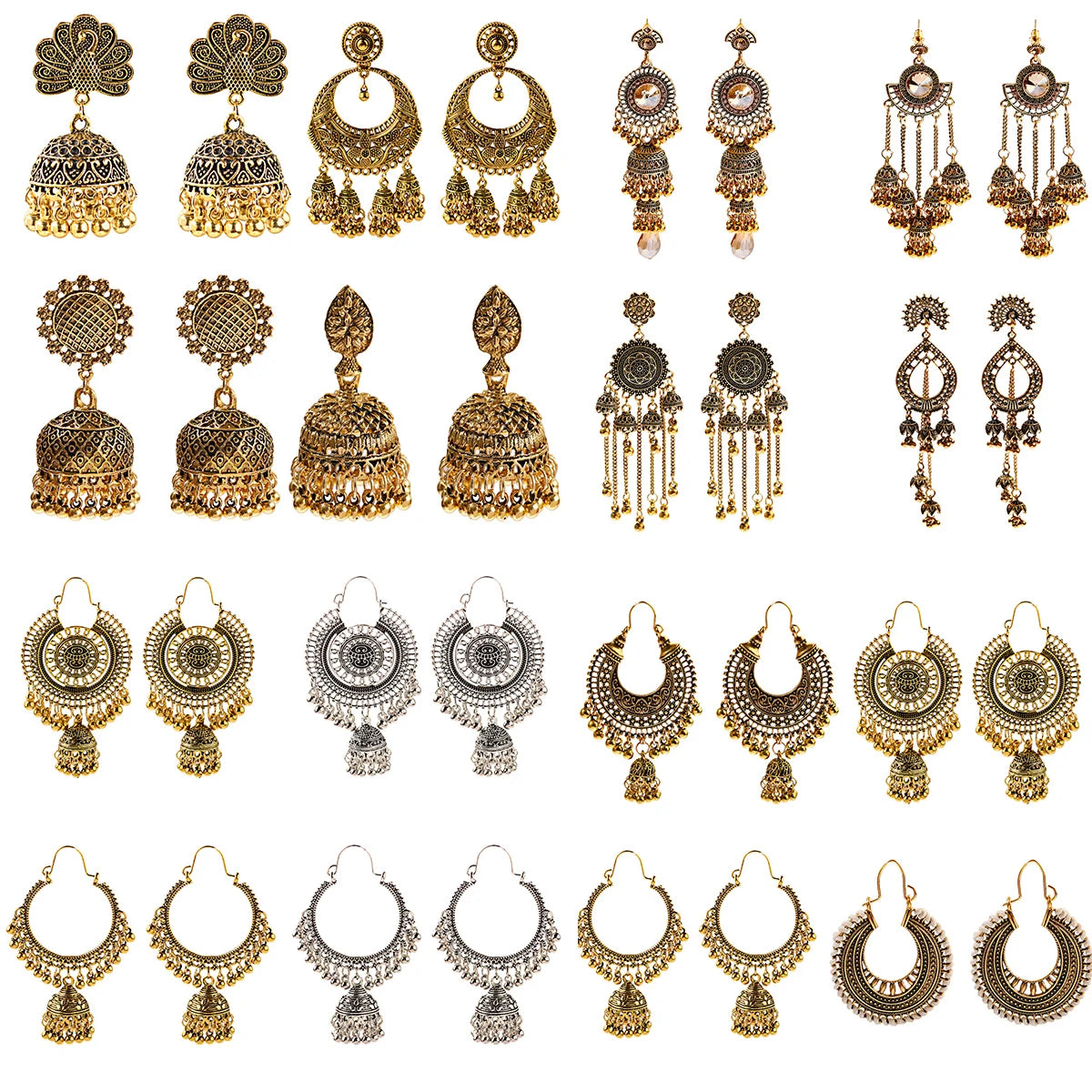 4 Pairs/Set Indian Jhumka Jhumki Ethnic Dangle Earring Sets Women Vintage Silver Gold Long Tassel Bell Drop Bollywood Earrings