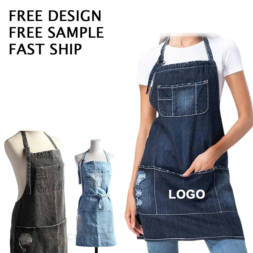Custom Logo Adjustable Neck Apron Denim Apron Multi-functional Work Apron Durable and Stain-resistant Work Apron