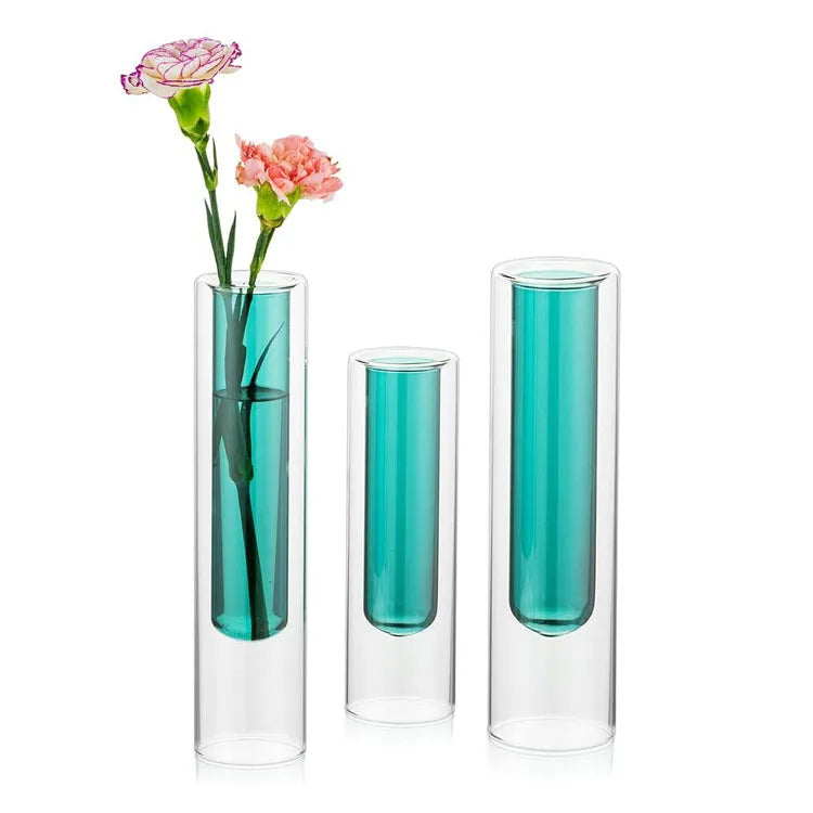 Wholesale Colorful Double Wall Glass Bud Vase Decorative Round Glass Vases for Flowers and Wedding Decoration