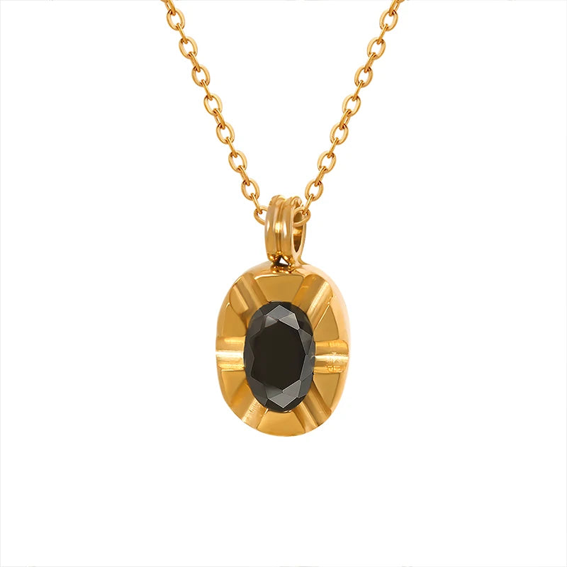 Oval Carved Texture Black Zircon Pendant Necklace New Designed Trendy Stainless Steel with Gold Plating Luxury Jewelry