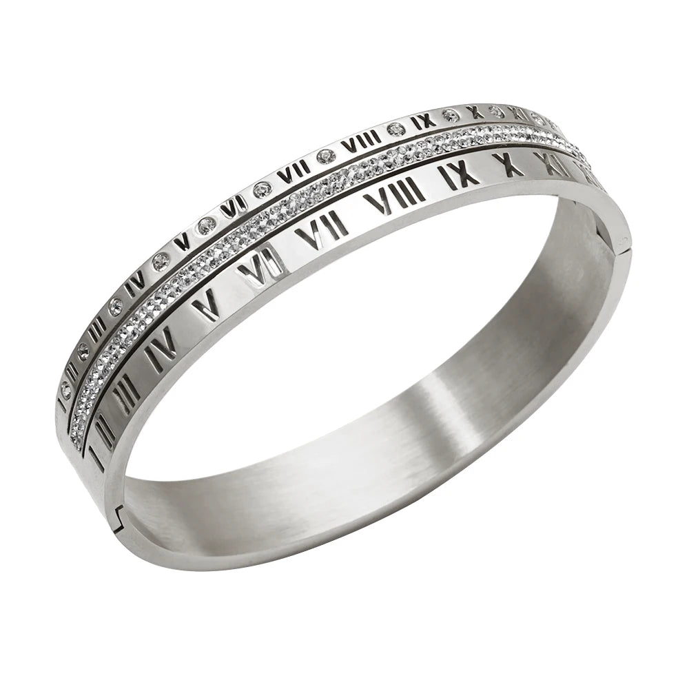 Luxury Large Stainless Steel Cuff Bangle Three Layers Roman Numerals Crystal Bracelet for Women Waterproof Jewelry