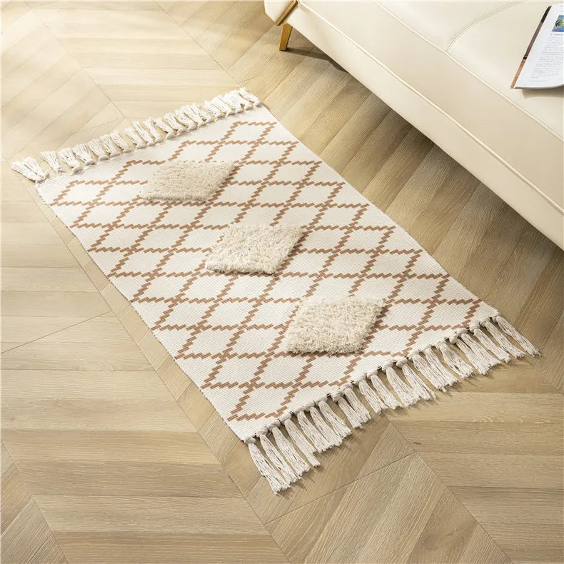 Hot Sale Bohemian Retro 3D Hand Tufted Cotton Woven Carpet Moroc Mat for Camping Picnic Living Room-Machine Made