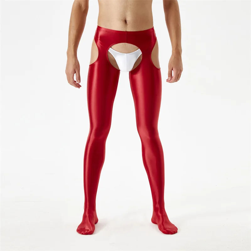 King Mcgreen Star Sexy Mens Open Butt Skinny Lingerie Glossy Mid Waist Tights Elastic Waistband Hot Cutout Crotchless Pantyhose