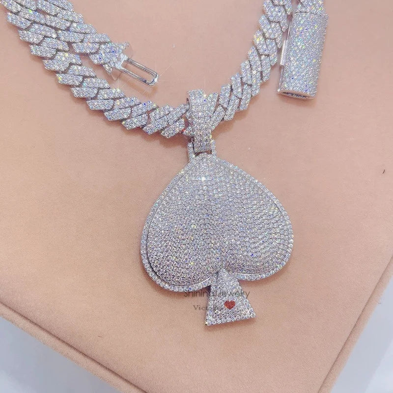 14K White Gold Fully Iced Out Moissanite Diamond Ace Spade Pendant