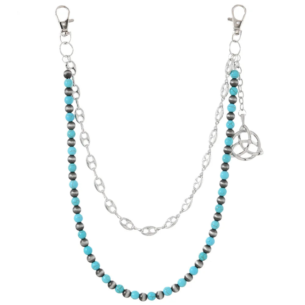 Women's New Fashion Turquoise Beaded Waist Chain Denim Street Pants Handmade Charm Pocket for Party Main Jewelry Material Alloy