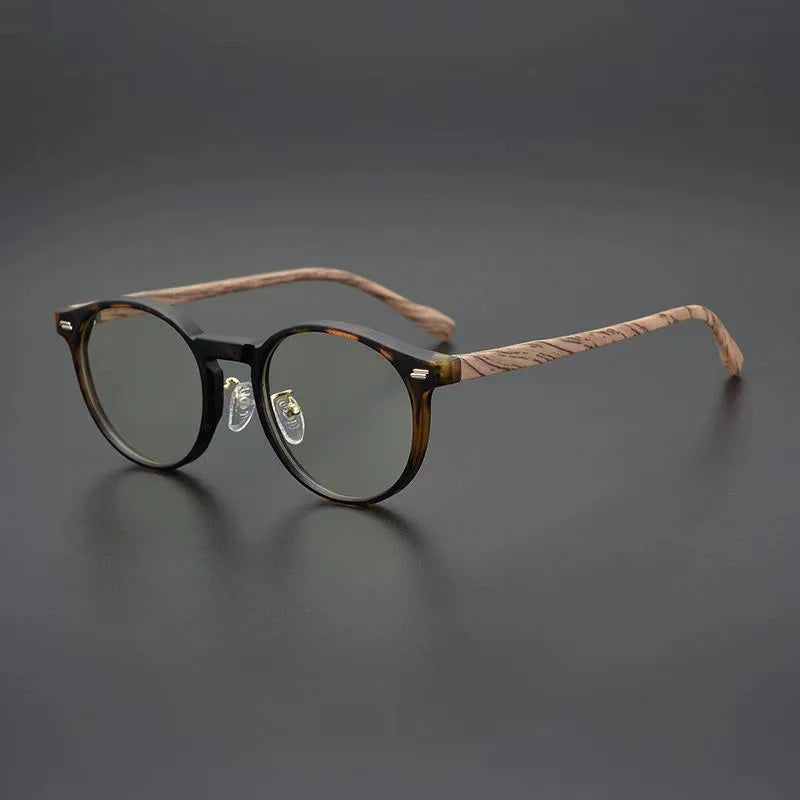 2026 Style Light Weight Vintage Anti Blue Light Blocking Glasses Designer Round Shaped Optical Frames Wood Grain Eyeglasses