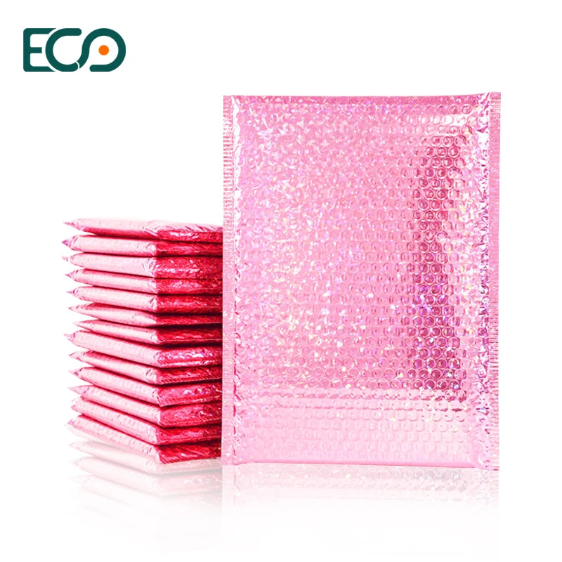 Shiny Pink Rose Red Bubble Mailer Holographic Laser Film Metallic Shipping Bags Padded Envelope