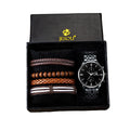 Factory Wholesale Price Stainless Steel Men's Quartz Watch + Leather Bracelet Gift Set With Gift Box Custom Logo