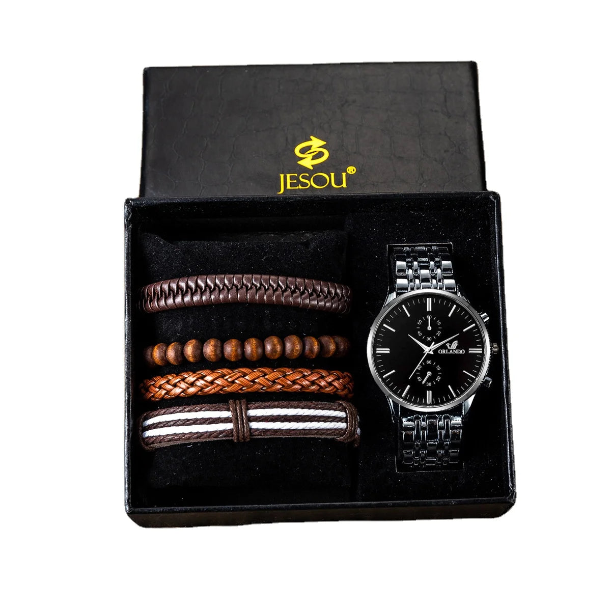 Factory Wholesale Price Stainless Steel Men's Quartz Watch + Leather Bracelet Gift Set With Gift Box Custom Logo