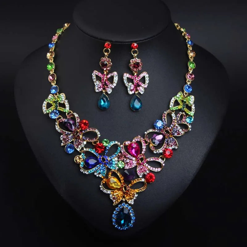 Collana Indiana Statement Necklace Earrings Retro Indian Bridal Jewelry Sets Crystal Butterfly Necklace Set for Women