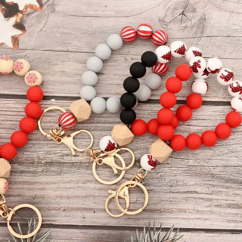 2024 Christmas Silicone Bead Keychain BraceletElastic Beaded Wristlet Keychain with Tassel for Christmas Day Gift