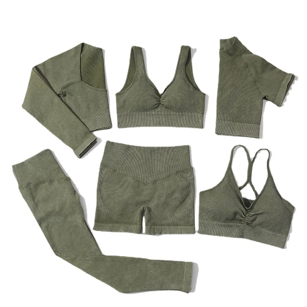 TikTok Women Gym Fitness Sets Scrunch Butt Seamless Ribbed Leggings Long High Elastic Fabric Acid Wash Sports Short Yoga Set