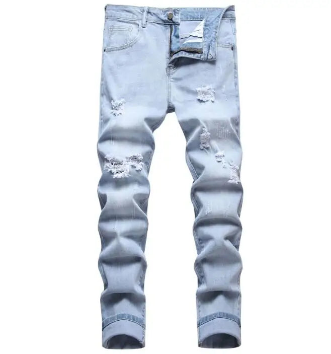 Ripped Personality Stretch Denim Pants High Street Fashion Light Blue Classic Knee Hole Jeans