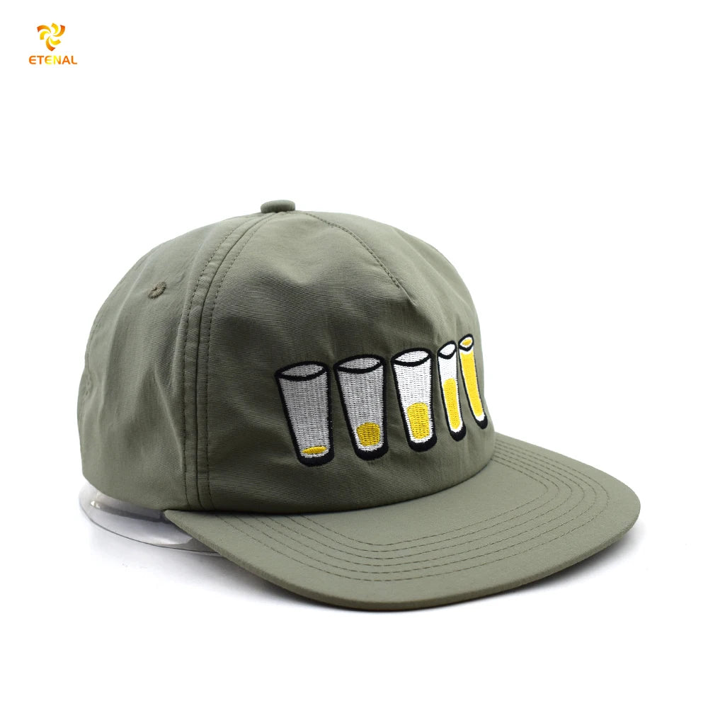 Custom Sporty Street Style Nylon Poplin Unstructured 5 Panel Snapback Cap with Leopard Fruit Patterns Breathable