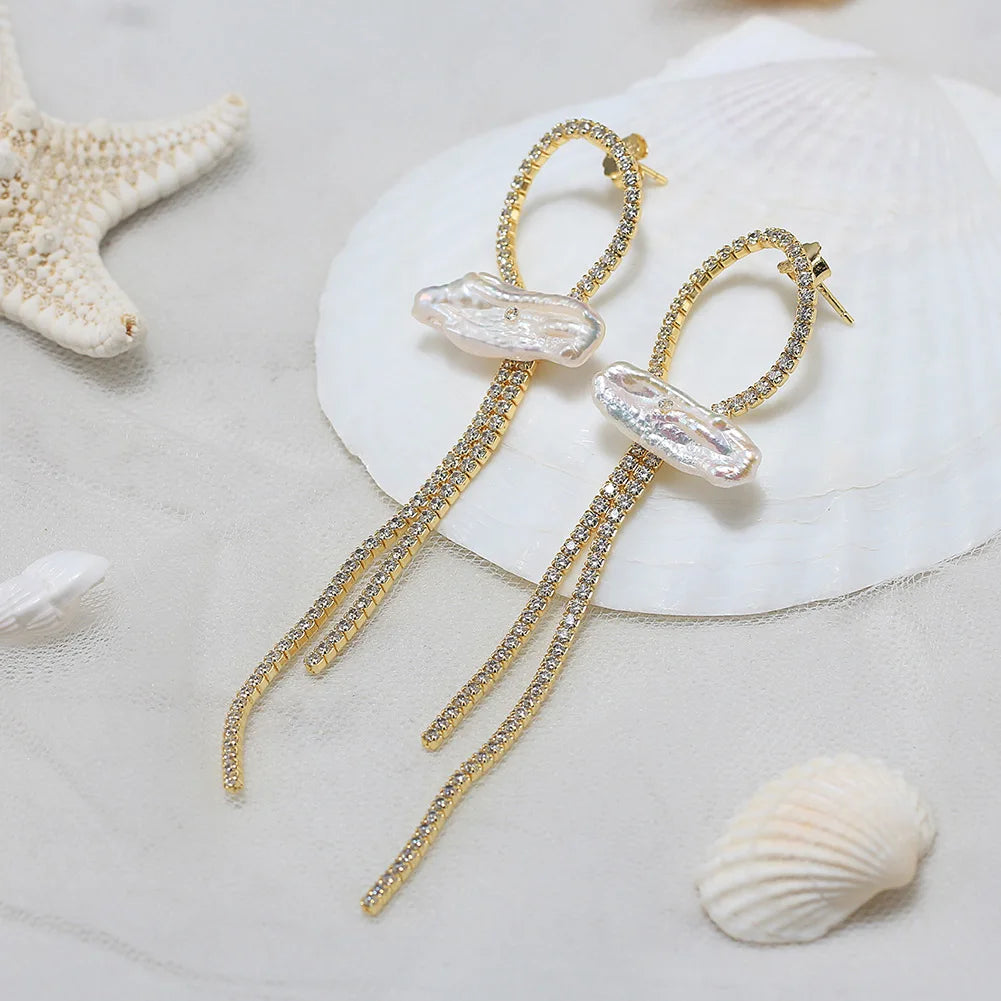 RINNTIN GPE92 Luxury Jewelry 925 Sterling Silver Full Round CZ Zircon Long Tassel Chain Baroque Pearl Earring for Girls