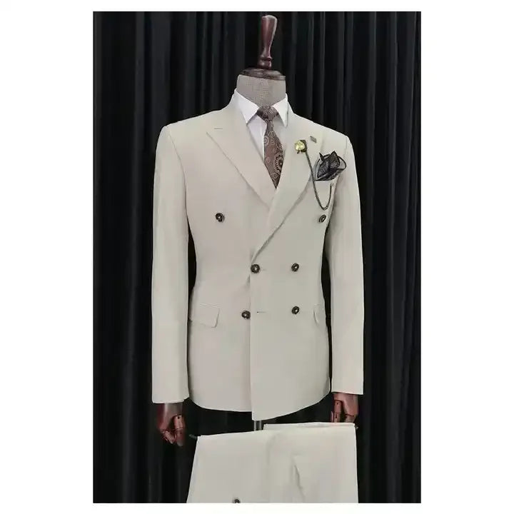 Classic Beige Double-Breasted Men Suits 2 Pcs Set Blazer Trousers Men's Causal Outfit Wedding Tuxedos Prom Suits