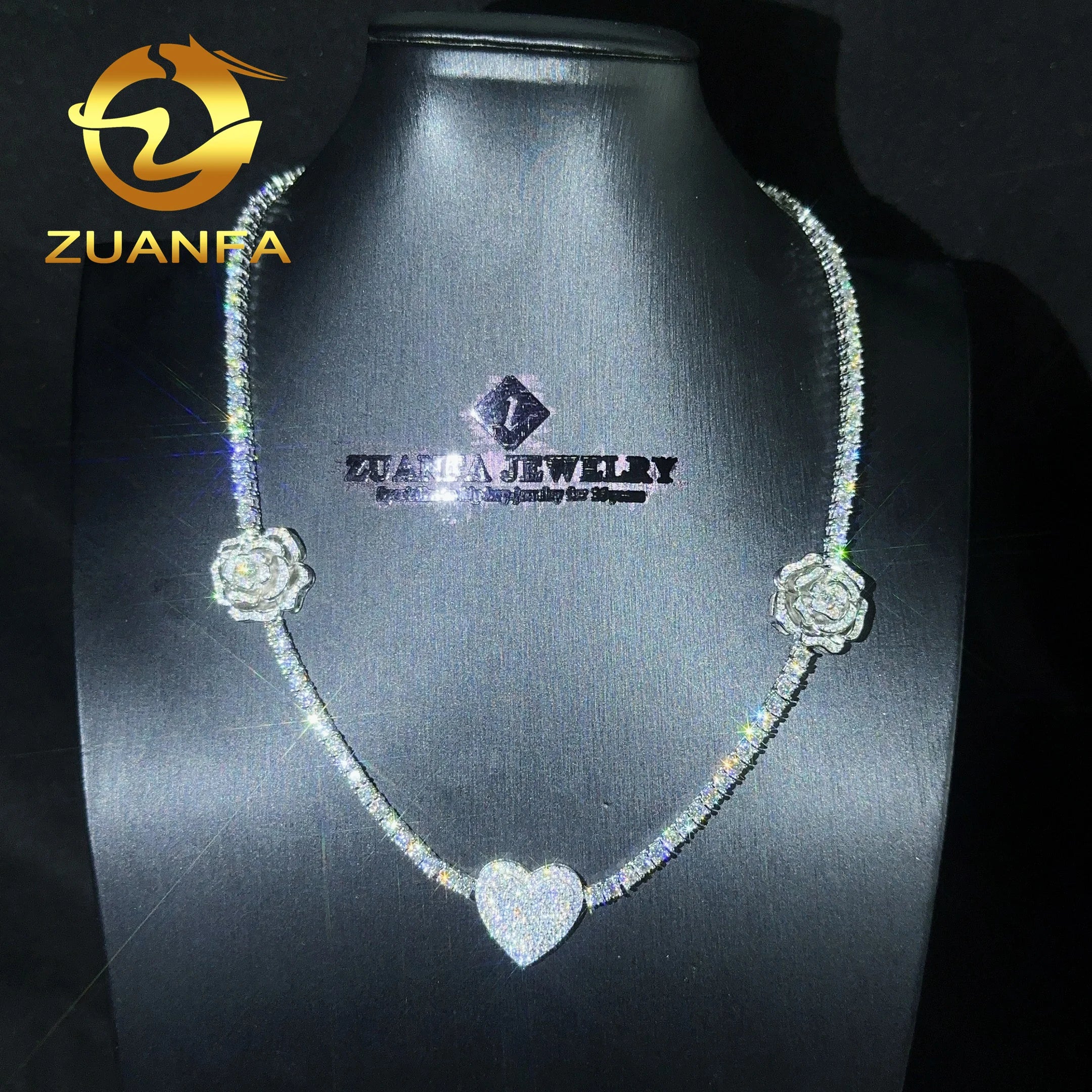 Solid 925 Silver Hip Hop Jewelry 3mm Moissanite Tennis Chain Necklace With Roses Flower Fashion Women Choker Necklace