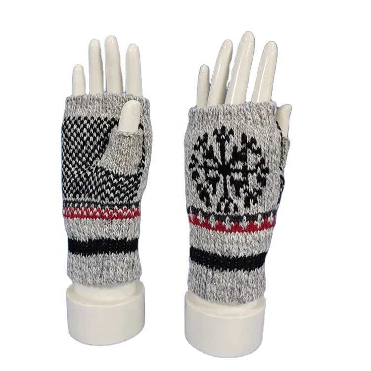 Unisex Winter Thermal Insulation Cable Knit Fingerless Texting Gloves Inside Fleece Snowflake Mittens Couple Christmas Gift