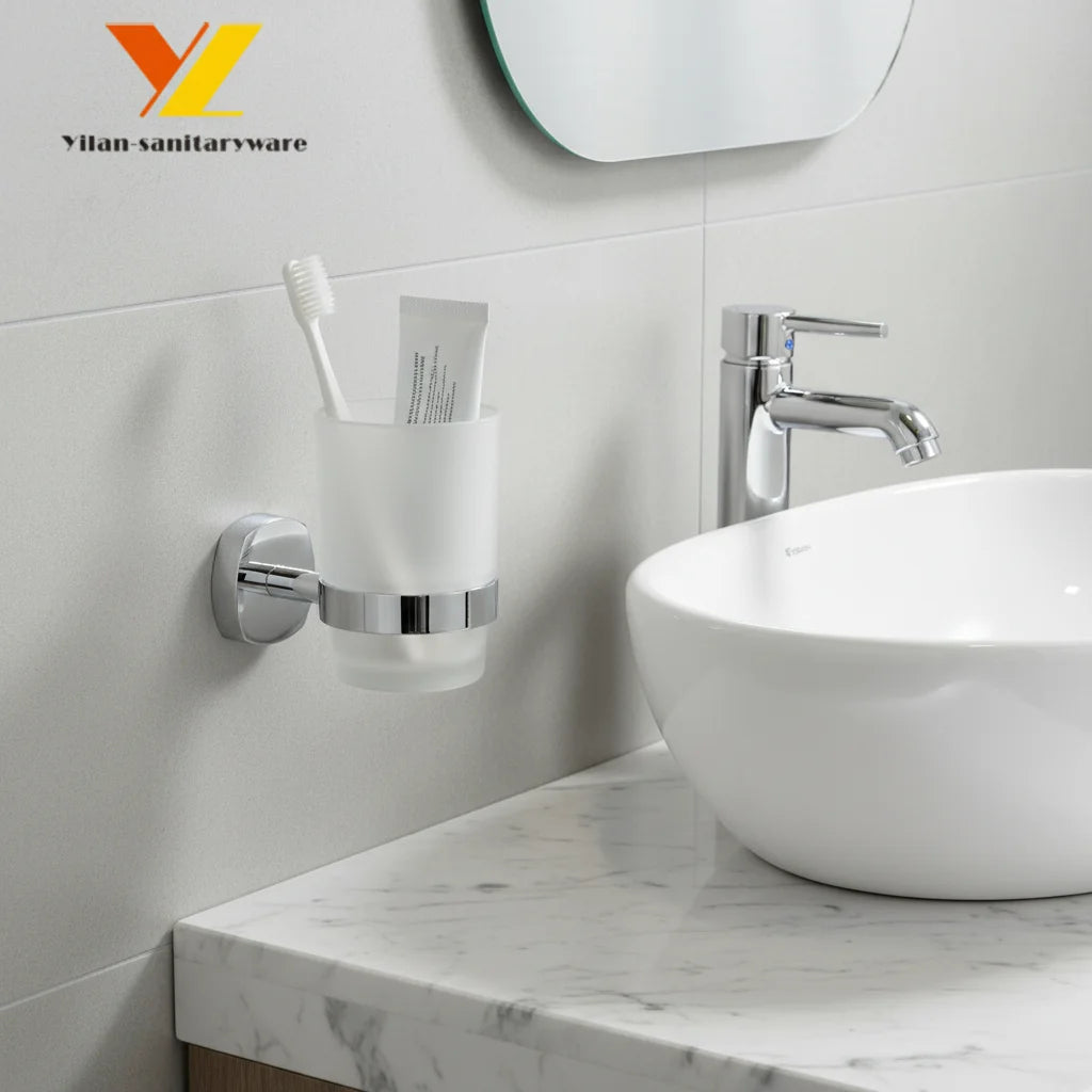 Hotel Zinc Alloy Chrome Finish Frosted Glass Wall-Mounted Eco-Friendly Modern Single Tumbler Holder