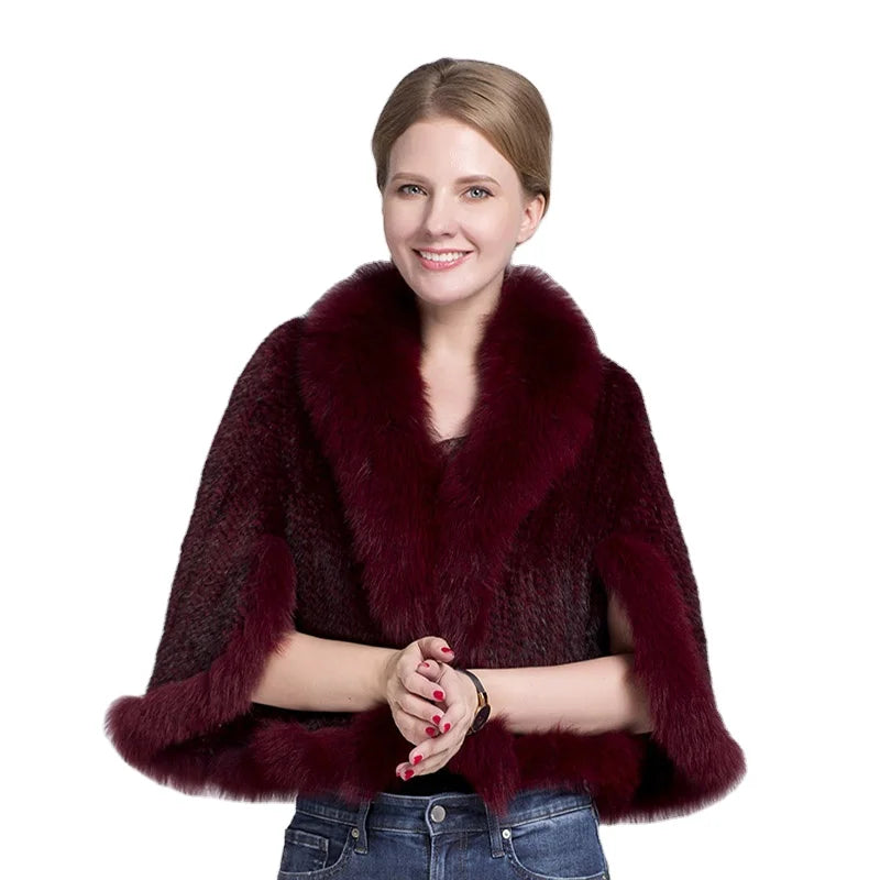 MWfur Women Knitted White Mink Fur Wedding Poncho Jacket Fox Fur Collar Trimmed Mink Fur Cape for Lady