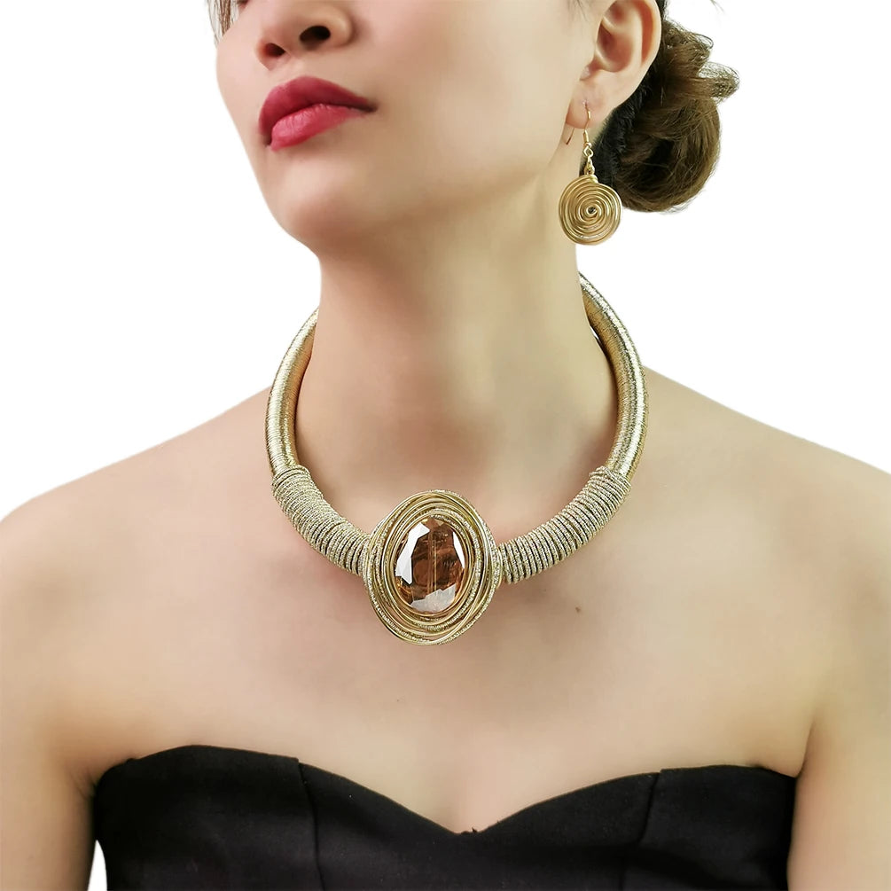 Handmade Gold Thread Rope Chunky Collar Jewelry Set Crystal Pendant Choker Necklace Earrings African Statement Sets Accessories