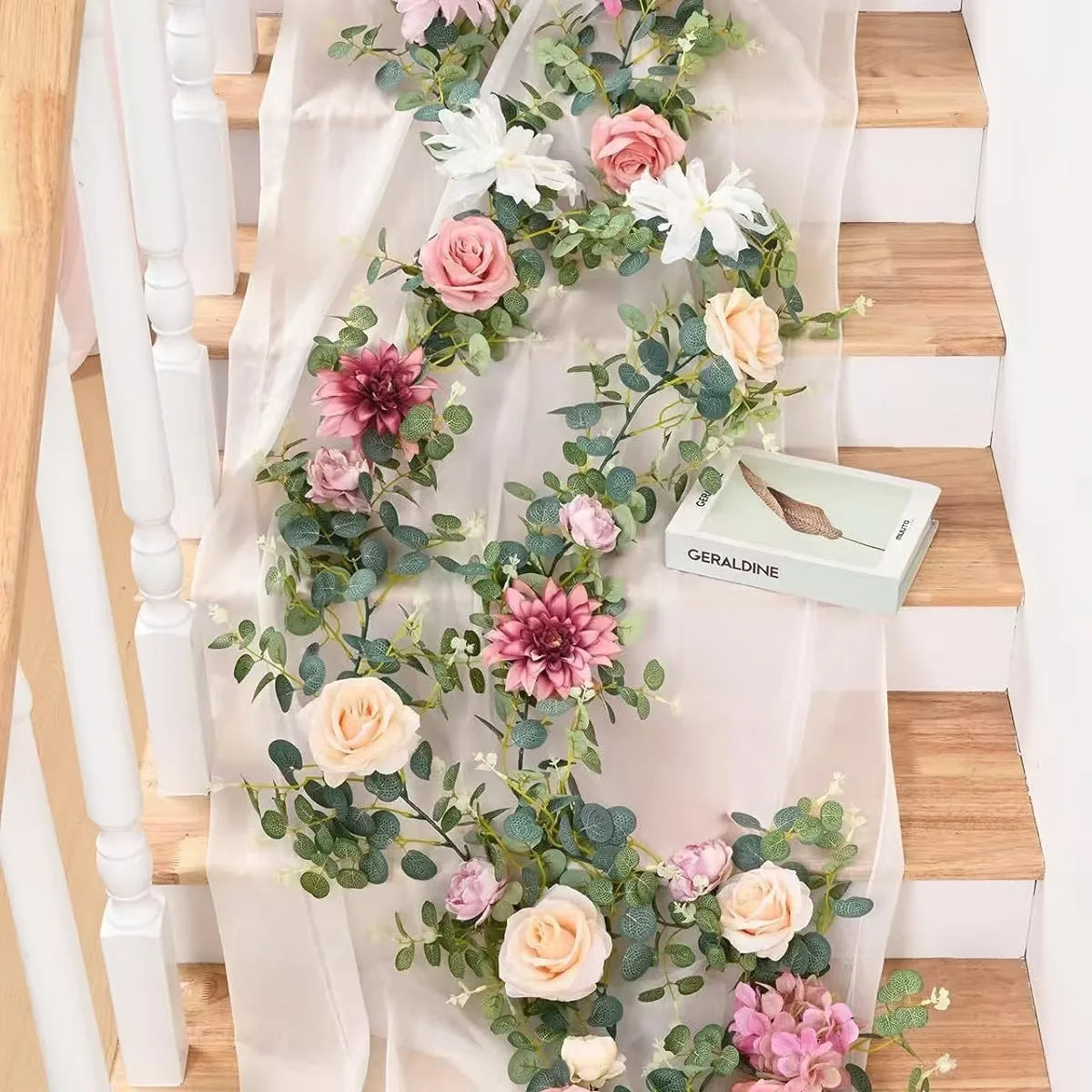 Artificial Pink Flower Dahlia Eucalyptus Greenery Garland Vine Rose Silk Floral Wedding Table Centerpieces Garden Party Decor
