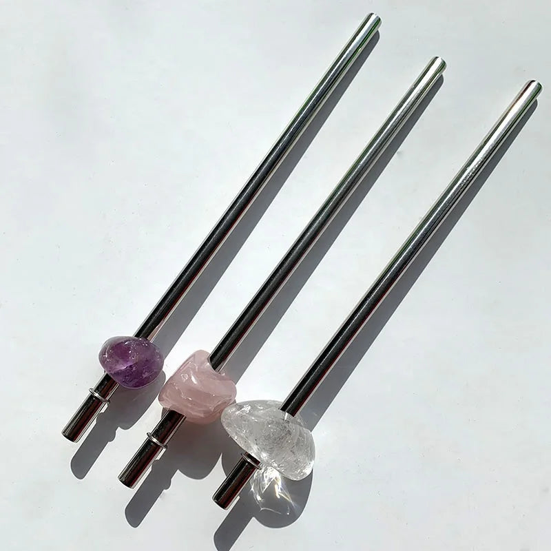 Wholesale 304 Stainless Steel Straw Eco Friendly Drinking StrawNatural Rose Quartz Energy Healing Crystal Crystal Straw