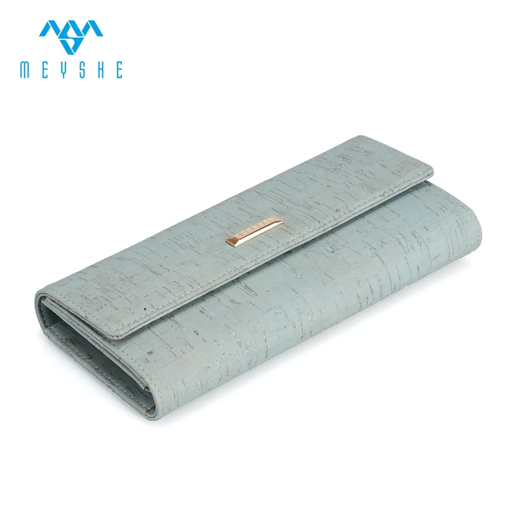 Factory Price Custom Cork Fashionable Women's Long Wallet Lady Style Wood Purse Leather Lining Button Closure Embossing Logo