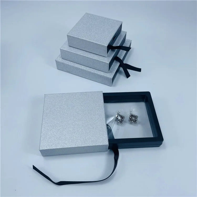 Recyclable Small Business Jewelry Gift Box Transparent Floating Box Silver Glitter Powder Shining Paper Necklace Box Packaging