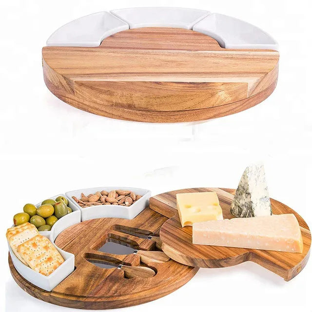 Round Shape Cheese Plate Multi-functional Bamboo Acacia Pizza Cutting Cheese Board