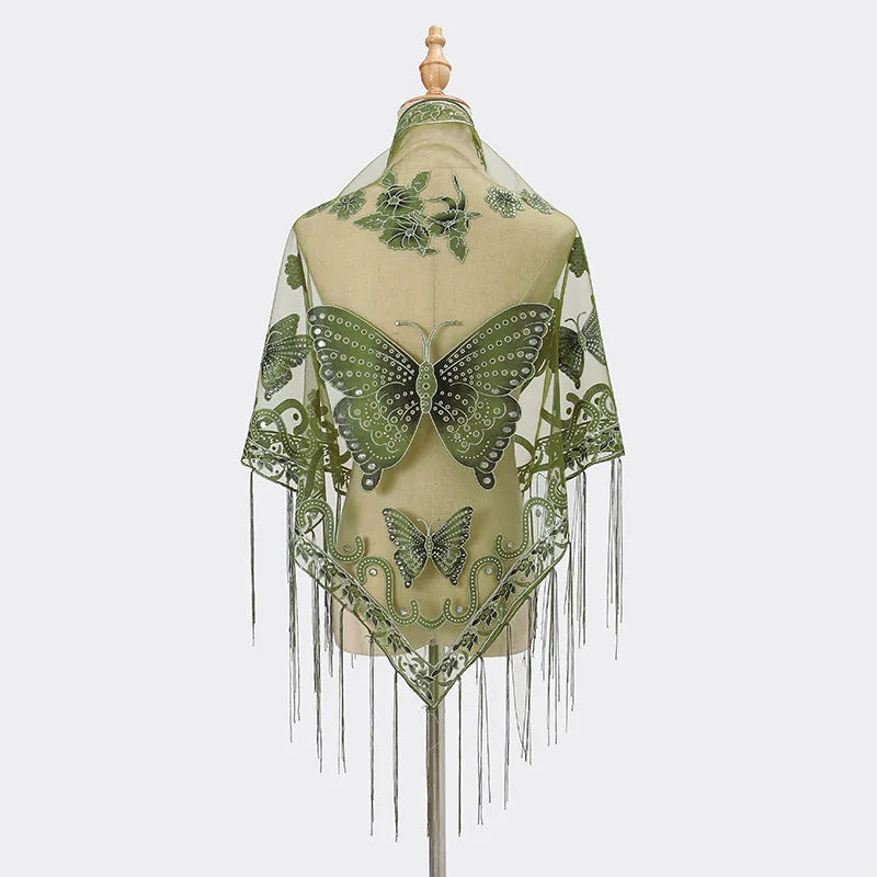 Women Elegant Butterfly Print Shawls and Wraps for Evening Dresses Triangle Shawl Wraps Fringed Evening Cape