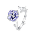 925 Sterling Silver Purple Pansy Flower Open Rings for Women Wedding Party Statement Stackable Butterfly Ring Holiday Gift