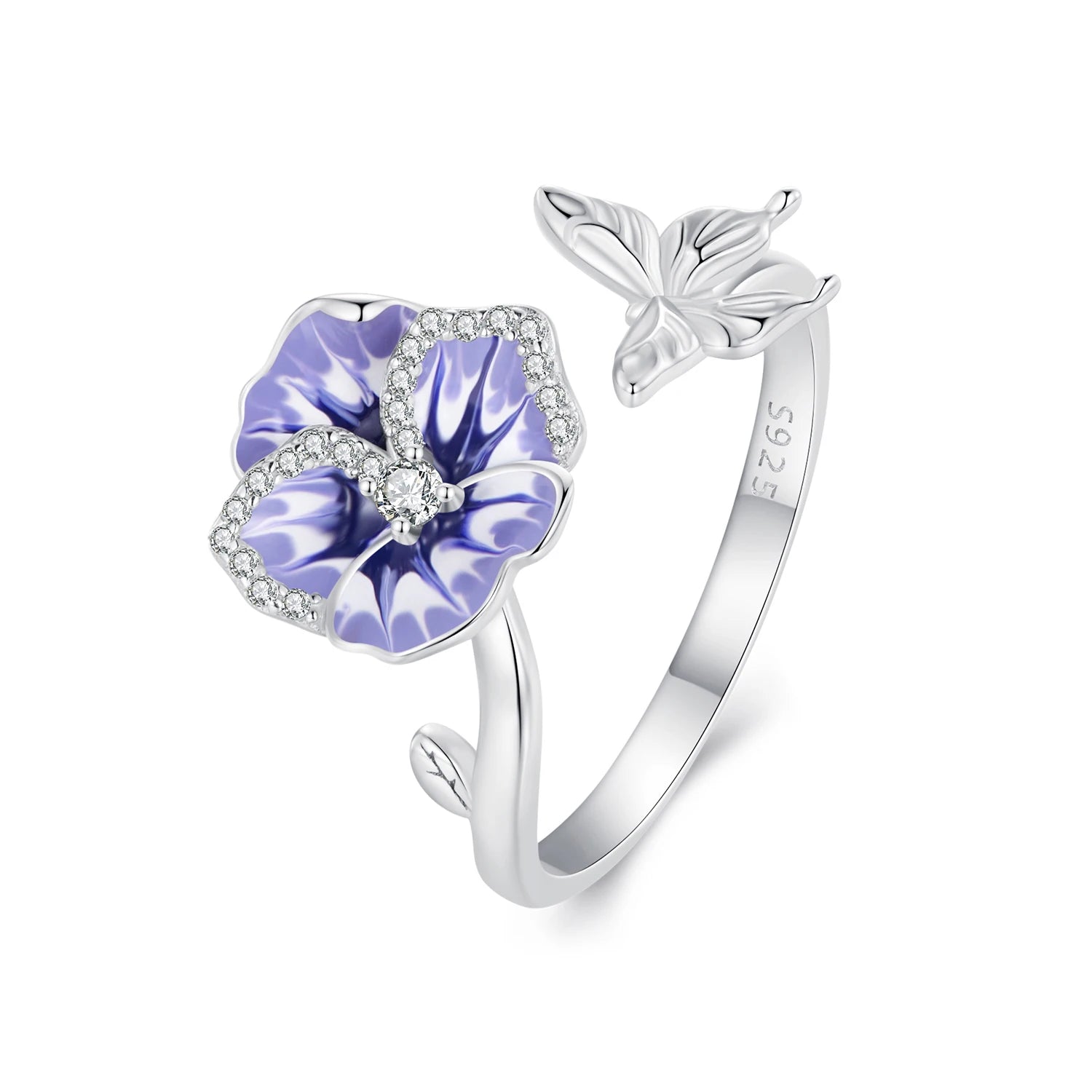 925 Sterling Silver Purple Pansy Flower Open Rings for Women Wedding Party Statement Stackable Butterfly Ring Holiday Gift