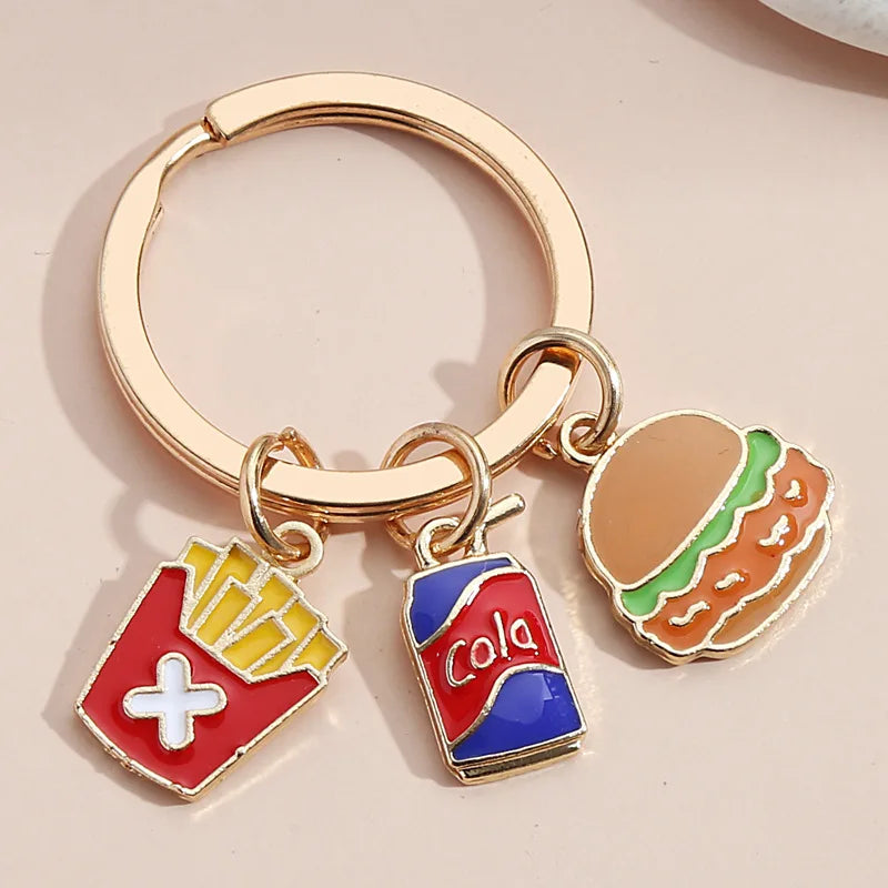 Enamel Cartoon Bread Baguette Cake French Fries Cola Sprite Cheese Sandwich Pizza Ice Donut Hamburger Hot Dog Coffee Key Chain