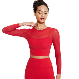 2026 Women's Sexy Quick Dry Long Sleeve Yoga Crop Top Neck Sports Tshirt Fixed Pad Quick Dry Mesh Sports Top Knitted Fabric