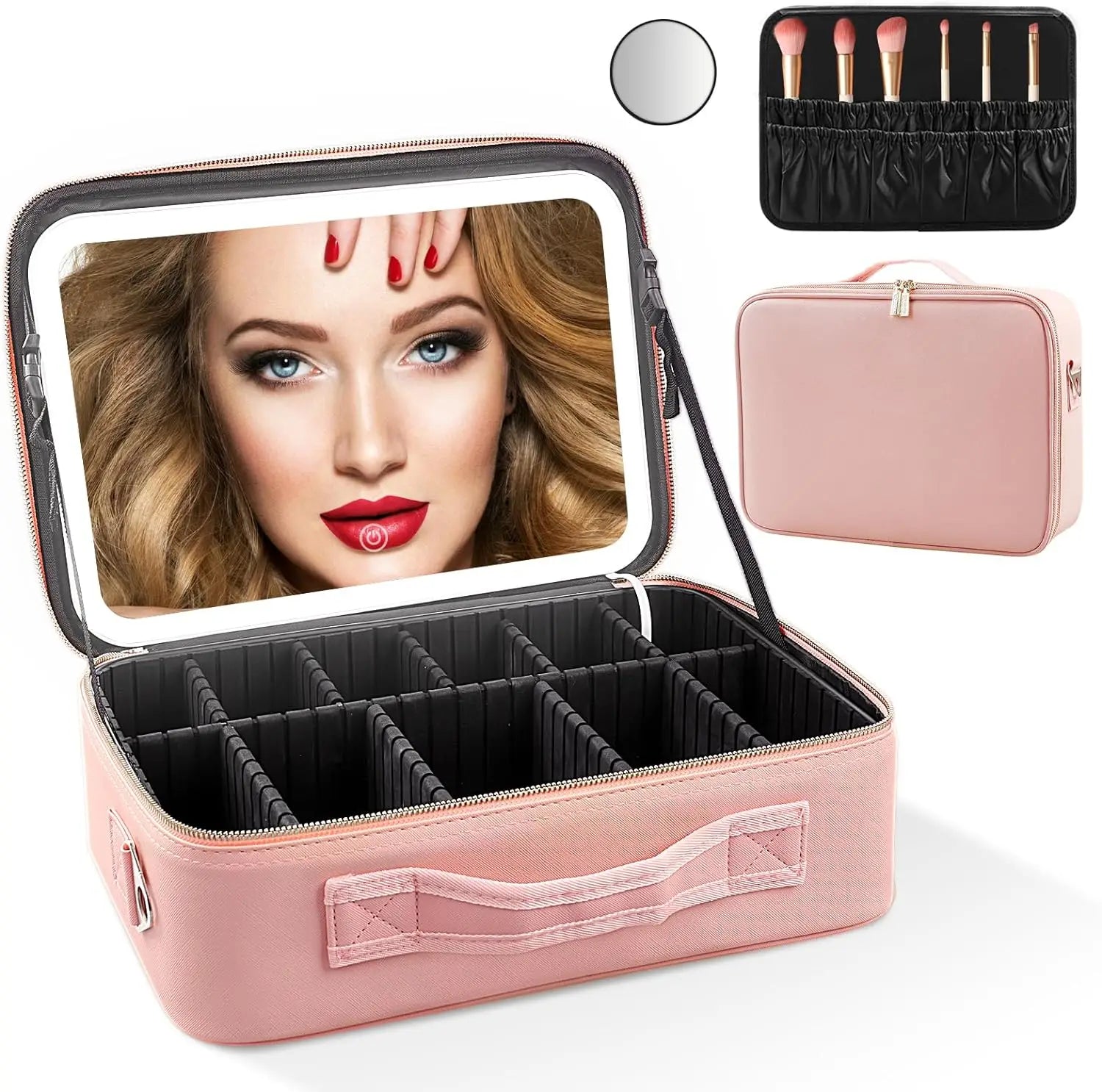 Large Fashionable PU Travel Makeup Bag with Light-Up Mirror Zipper Closure Cosmetic Organizer Bag