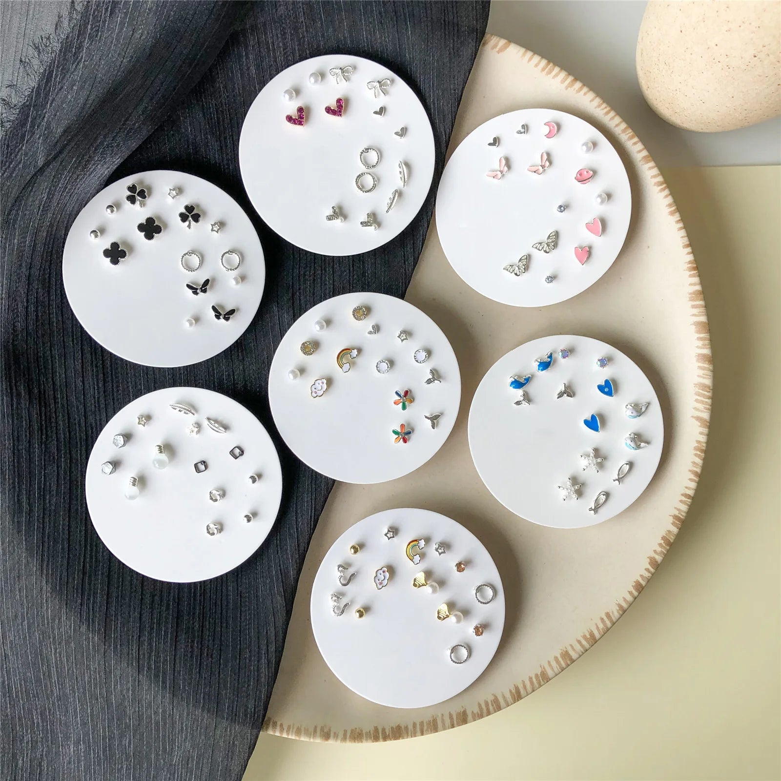 FanYue 2022 Ins Hot Sale Weekly 7 Pairs One Set Cute Pearl Heart rainbow butterfly Student Earrings Studs Set for Women