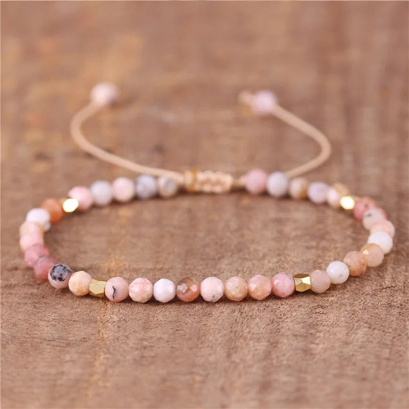 Chic 4mm Pink Opal Natural Stone Simple Beads Adjustable Dainty Bracelet Braided Crystal Bohemia Bracelets Popular Jewelry
