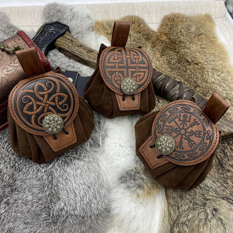 Nordic Viking Compass Pouch WJF06 Knot Embossed PU Waist Bag Medieval Retro Round Pouch for LARP Renaissance Accessories
