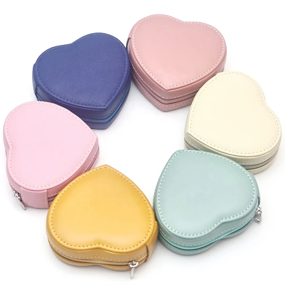 PU Leather  Heart Shape Jewelry Organizer Colorful Gift Packaging Fancy Jewelry Storage Box With Zipper