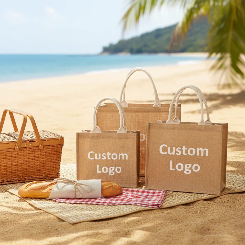 High Quality Reusable Eco-Friendly Beach Burlap Shopping Tote Jute Bag with Custom Logo