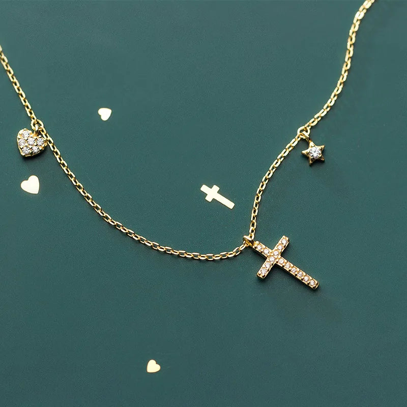 INS American European 925 Sterling Silver Cross Zircon Star Pendant Gold Plated Necklaces for Women Dropshipping Products 2023