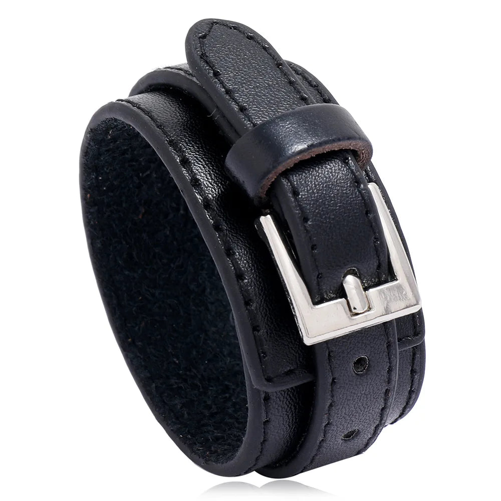 Wholesale Punk Style Multi Layer PU Leather Rhodium Plated Geometric Design Handmade Adjustable Cuff Bracelet Belt Buckle for