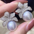 Huitan Classic Style Flower Design Imitated Pearl Earring for Women Bridal Wedding Party Silver Plated CZ Earrings Jewelry Women